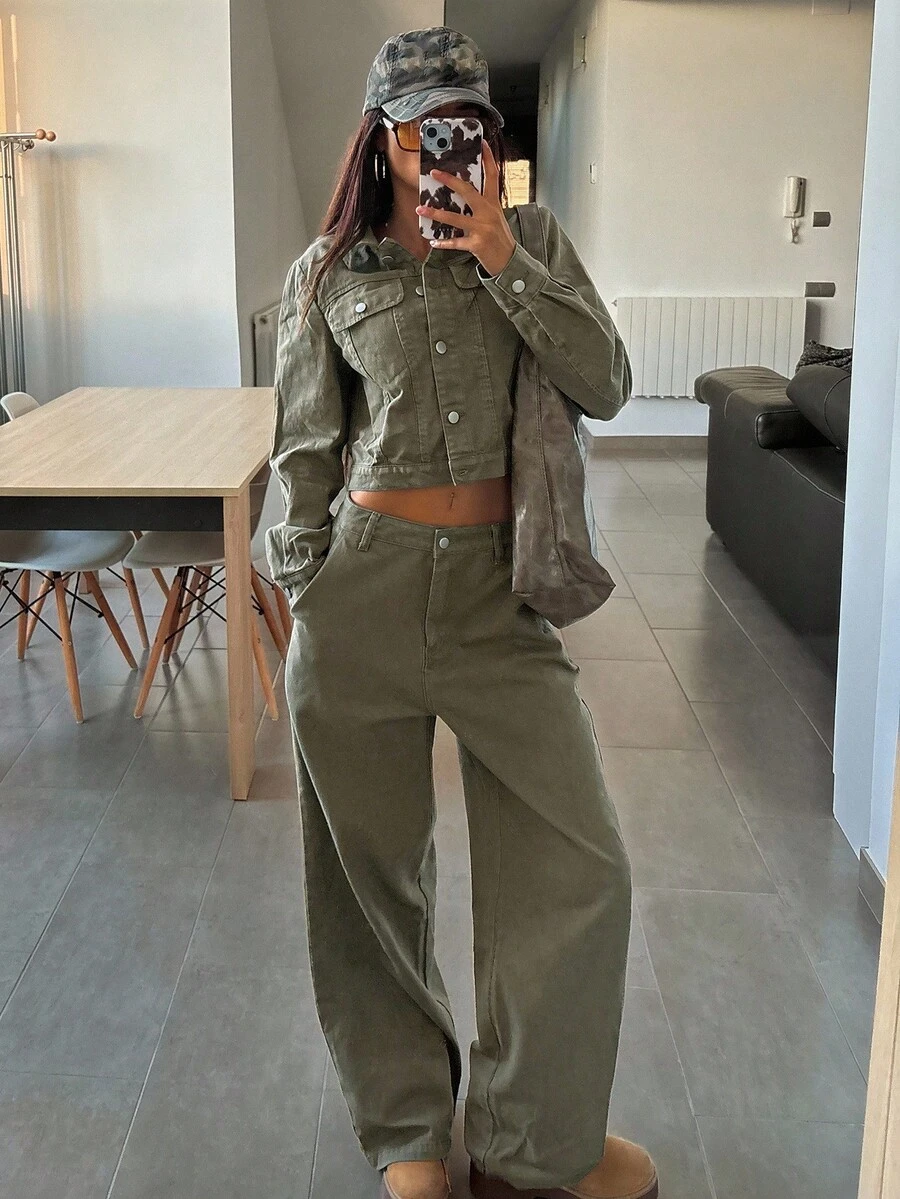 DAZY 女士休闲短款夹克和阔腿牛仔裤套装，秋季