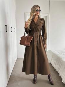 Easowa Collared Double Pocket Pleated Waist A-Line Midi Dress, Button Front Long Sleeve Casual Loose Commuter Vintage Style Dress For Women Brown Dress Women Long Sleeve Dress Brown Button Down Dress Long Brown Dress Chocolate Brown Dress