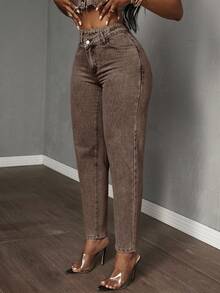 SHEIN Tall CURVE Quần jean ống côn cạp trễ bất đối xứng cho nữ cỡ lớn - Cà phê nâu - Xem 3