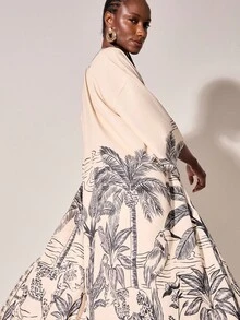 CAJUNI Women's Casual Vacation Coconut Tree Print Kimono Jacket In Fall/Winter - Multicolor - View 1