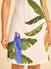 CAJUNI Women's Apricot Base Coconut Tree, Parrot And Tropical Fruit Print, Round Neck Sleeveless Fitted Ruched Print Summer Vacation Beach Mini Dress, Tropical Dress, Graphic Dress, Parrot Dress, Banana Leaf Dress, Summer Dress