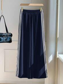 Comfortcana Women's Casual Versatile Contrast Striped Wide Leg Sweatpants Navy Blue Pants Striped Pants Women Casual Pants - Navy Blue - View 3