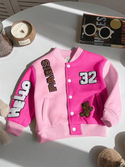 SHEIN Enkelknäppt basebolljacka med bokstavstryck för babyflicka