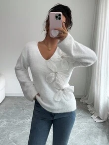 SHEIN Elenzya V-Neck Long Sleeve 3D Pearl Flower Women Sweater - Beige - View 1