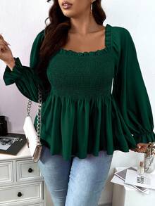 SHEIN Unity 加大方领喇叭袖荷叶边衬衫荷叶边上衣 - 綠色 - 查看 4