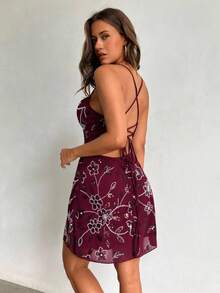 Aloruh Elegante y sexy vestido de tirantes con bordado de cuentas burdeos y espalda descubierta, para verano - Burdeos - Ver 3