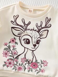 Cozy Pixies 2pcs Baby Girl Cartoon Animal Floral Deer Pattern Knitted Soft Round Neck Ruffle Trim Long Sleeve Sweatshirt & Elastic Waist Slim Fit Flare Pants Set, Suitable For Autumn/Winter, New Year, Indoor, Outdoor, Casual, Skiing, Back To School, Daily, Sports, Play, Party - Multicolor - View 4