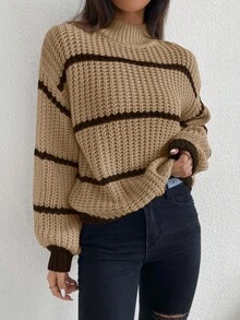 Celisse Casual Contrast Color Striped Drop Shoulder Sweater, Autumn/Winter - Brown - View 7