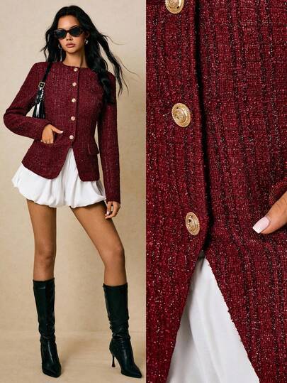 Poéselle Women's Burgundy Crew Neck Long Sleeve Shiny Single-Breasted Elegant Tweed Coat,Burgundy Top ,Women's Winter Jacket, Going Out Tops ,Christmas Outfit For Women ,New Year Women's Outfit,Old Money,Elegant  Women,Classy Outfits For Women,Fall/Winter