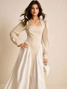 Poéselle 女士撞色天鹅领泡泡袖褶皱连衣裙，优雅 - 杏色 - 查看 7