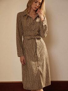 Écloséra 时尚法式复古休闲宽松灯芯绒印花衬衫领长袖中长连衣裙 - 咖啡棕 - 查看 5