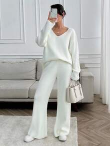 EURMUSE Petite Petite Women V-Neck Oversize Sweater And Knit Pant Set - White - View 7