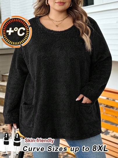 SHEIN CURVE+ 秋冬大码长袖圆领毛绒面料T恤，蝙蝠袖，贴袋