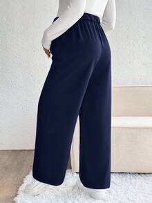 SHEIN 纯色休闲日常百搭阔腿纽扣孕妇裤 - 藏蓝色 - 查看 2