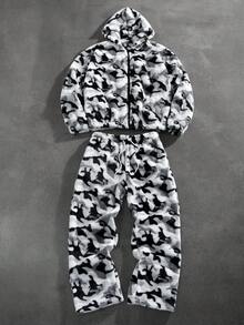 PAVTROS Bộ đồ thể thao nam bằng vải nỉ, áo hoodie và quần dài rằn ri, kiểu dáng thường ngày, thích hợp cho mùa thu/đông. Bộ đồ thể thao rằn ri có khóa kéo, gồm 2 món. - Nhiều màu - Xem 1