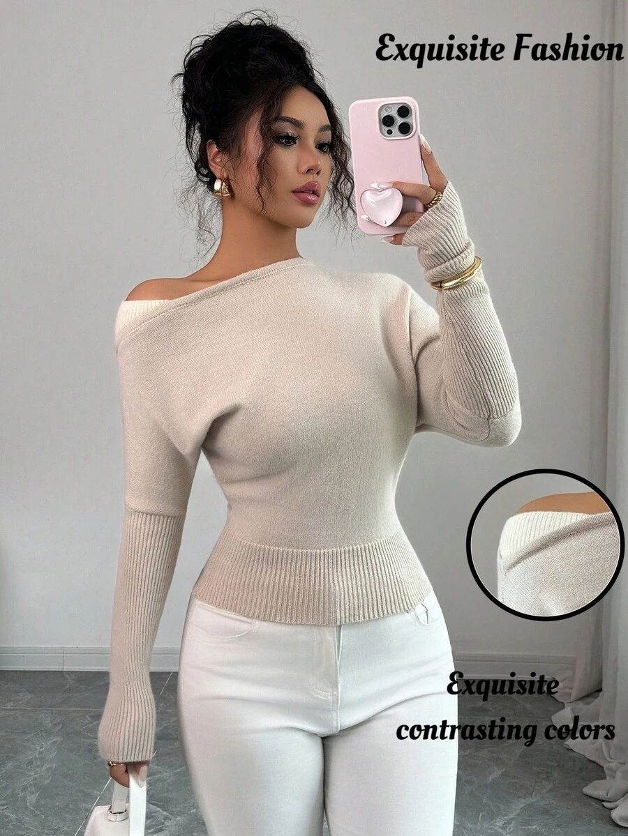 SHEIN Tall Top casual de mujer para otoño/invierno Anneusta, adecuada para vacaciones, Día de la Independencia, Día del Trabajo, Día de Colón, Acción de Gracias, Día de San Valentín, ropa de calle, estilo vintage, escandinavo, grunge, coreano, elegante, versátil, para estudiantes y maestros, estilo gótico, ropa de oficina, casual de negocios, hombros descubiertos, suéter de punto a color block