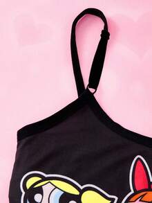 THE POWERPUFF GIRLS X SHEIN 4pcs/Set Tween Girl Blossom, Bubbles, Buttercup Pattern Soft & Comfortable Camisole Underwear,Kawaii,Cute,Sweet Fall Winter - Black - View 5