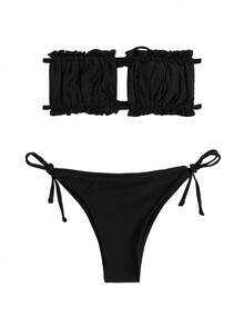 Swim Vcay Frill Trim Bandeau Tie Side Bikini Baddräkt - Svart - Visa 9