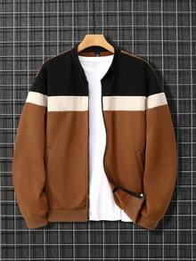 Manfinity Homme 男士单件夹克，三片式拼接设计，独特配色：上半部分白色，中半部分黑色，下半部分暖棕色。流行ins风夹克，成熟休闲的多层穿搭，适合通勤、上学、度假。送给老公或男朋友的礼物，男女同款情侣装，适合秋季穿着。 - 彩色 - 查看 4