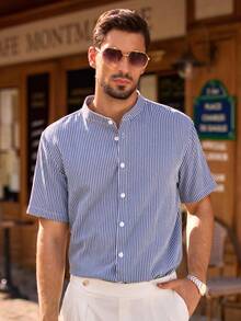 Manfinity BRENVOR Men's Striped Print Button Front Short Sleeve Casual Shirt, Summer Beach Shirt For Men Italy Vacations Men Resort Wear Greece Vacation Men Summer Wear For Men - Blue and White - View 5