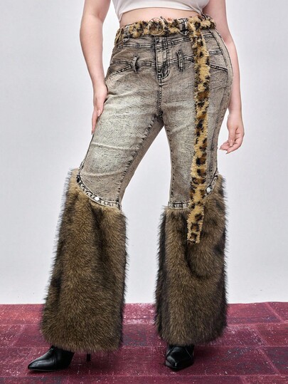 Kawaii جينز جينز مستعمل بطبعة نمر مقاس كبير مع حزام ، طراز شارع بانك هيبي رترو، مناسب للخريف/الشتاء، مهرجان الموسيقى، الحفلات