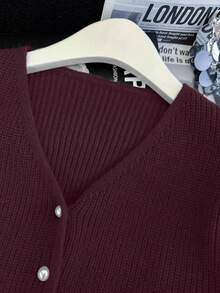 GlowEve Cárdigan de mujer de unicolor de manga larga con un solo botonadura y dobladillo con volantes, para otoño/invierno - Burdeos - Ver 6