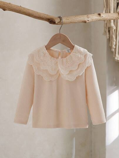 SHEIN Vintaside Kids 女童碎花领长袖套头衫，柔和杏色，甜美可爱设计，适合外出、拍照、休闲穿着、生日派对等场合，尽显公主风范。