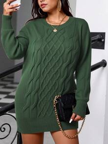 Easura Plus Cable Knit Sweater Dress, Winter Fall Cloth For Women Autumn - Green - View 2