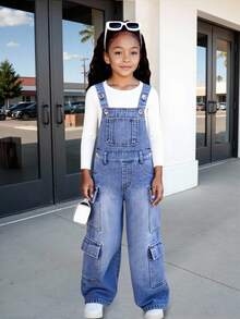 Young Girl' Fashion Streetwear Soft Washed Adjustable Strap Casual Denim Jumpsuit, Thin For Spring/Autumn, School, Campus, College Summer Holiday - Light Wash - View 6