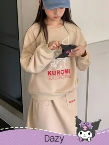 DAZY HELLO KITTY AND FRIENDS | SHEIN 少女圆领针织长袖抓绒卫衣及半裙两件套，秋冬款 - 卡其色 - 查看 6