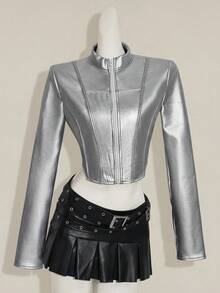 SHEIN ICON 女式银色休闲短款拉链修身 PU 皮夹克，秋季 - 銀色 - 查看 4