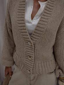 MUSERA Oversized Button Down Balloon Sleeve Knit Cardigan Cute Classy Casual Streetwear Sexy Going Out Toffee Elegant Evening Party Winter Spring - Camel - View 6