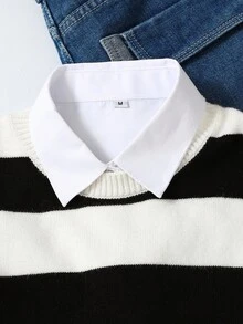 SHEIN Teen Girl Fashionable Contrast Color Sleeveless Striped Knit Cropped Sweater Vest, Suitable For Home, Outing, Party, Back To School Fall Winter Christmas Halloween Autumn Fall Jumpers Cozy - Black and White - View 5