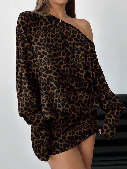 Aloruh Sexy Leopard Print Bodycon Mini Dress, Long Sleeve Off Shoulder, Suitable For Parties, Music Festivals, Club Gatherings, Elegant Leopard Print Dress, Modern, Retro
