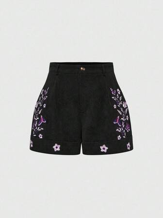 Fairycore Plus Size Autumn/Winter Versatile Corduroy Fabric Embroidered Butterfly Shorts