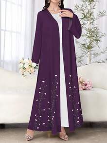 SHEIN Najma Women's Floral Print Purple Casual Long Sleeve Arabic Abaya Robe, Spring/Autumn - Multicolor - View 3