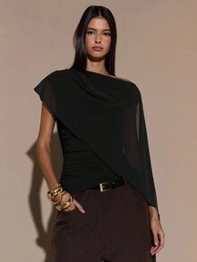 SHEIN BAE Women's Asymmetric Shoulder Ruched Neck Tie Knit Top, Elegant Fitted Sweater, Autumn/Winter,Black Top - Black - View 6