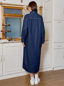 SHEIN EZwear 女式纯色休闲长袖牛仔连衣裙 - 藍色 - 查看 2