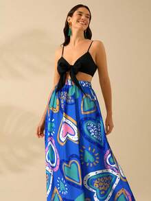 CAJUNI Váy dài họa tiết trái tim nhiều màu sắc cho nữ, váy dài họa tiết Boho, váy đen đi biển mùa hè giản dị ngày lễ - Màu xanh lam - Xem 7