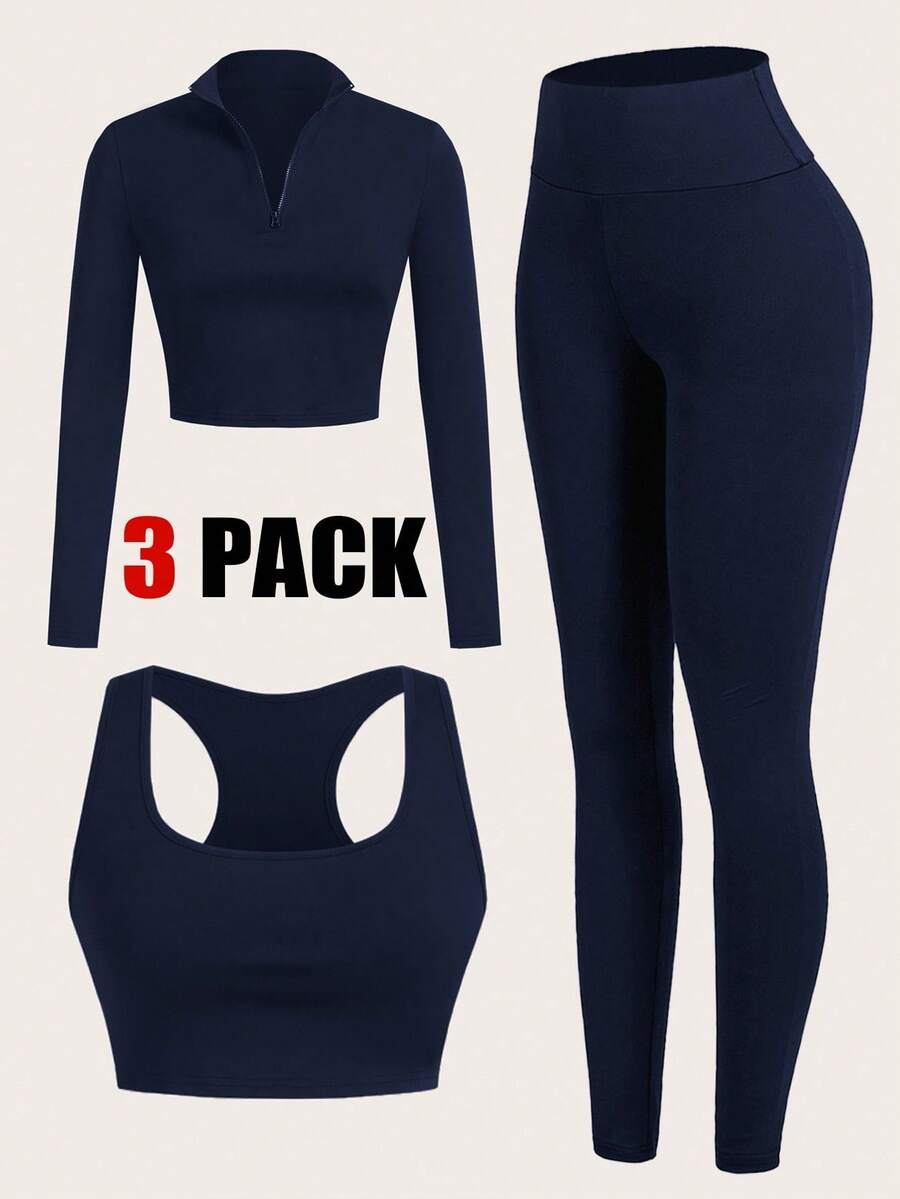 SHEIN Essnce Women's 3 Pieces Tracksuit Set, Ribbed Mock Neck Partial Zip Long Sleeve T-Shirt, Sports Bra Camisole, High Waist Leggings, Women's 3 Pieces Set, Leggings And Bustiers And Overalls - Navy Blue - View 1
