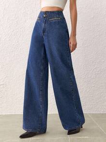 SHEIN Frenchy 女士高腰阔腿宽松休闲百搭牛仔裤 - 藍色 - 查看 3