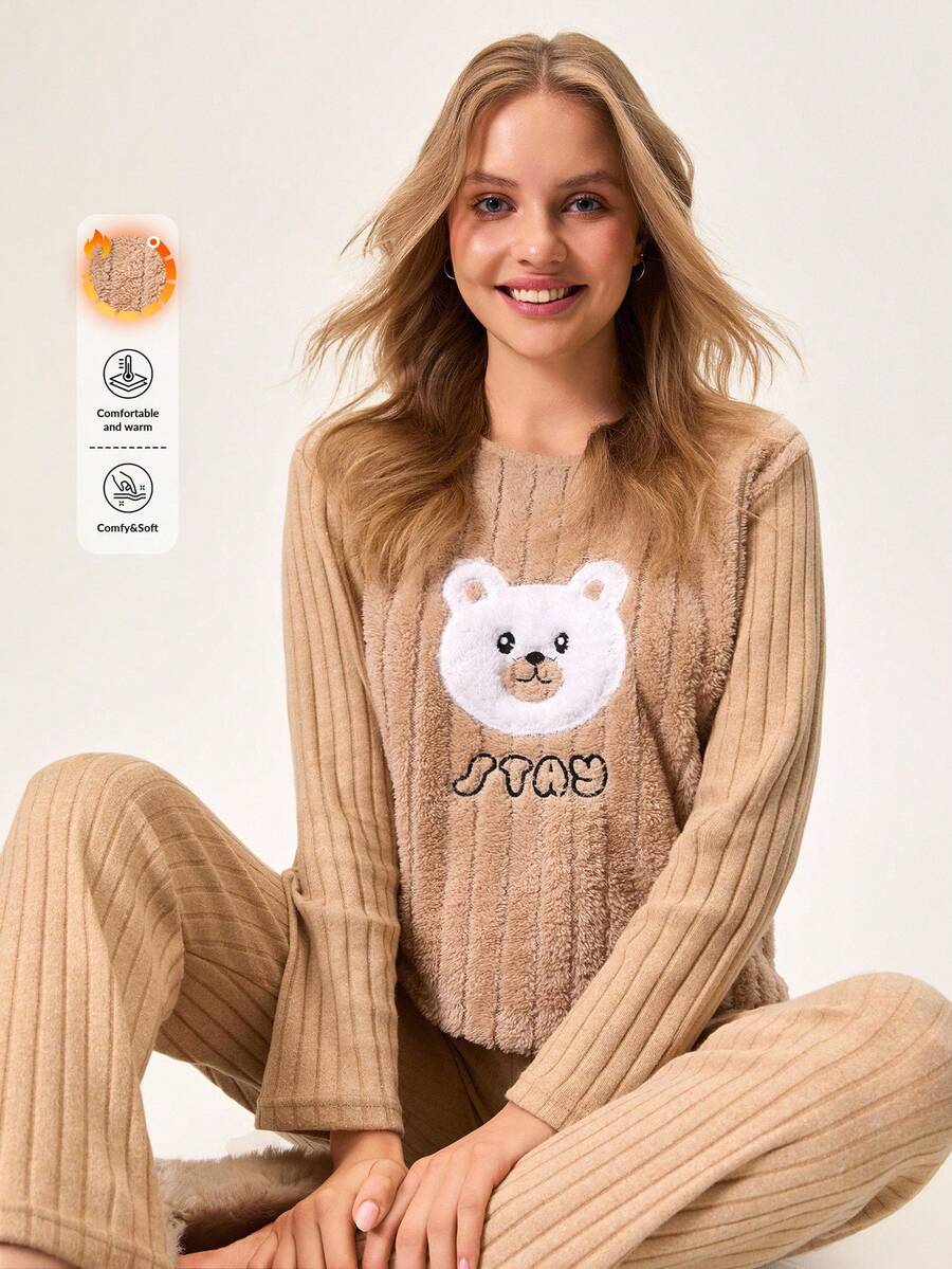 Loomlin Bộ đồ ngủ mặc nhà 2 món bằng vải lông mềm mại có thêu họa tiết hoạt hình hình GẤU dành cho nữ - Màu be - Xem 1