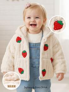 Cozy Pixies Baby Girl Strawberry Textured Fleece Thick Hooded Long Sleeve Jacket, Versatile & Comfortable Fall Winter - Apricot - View 9