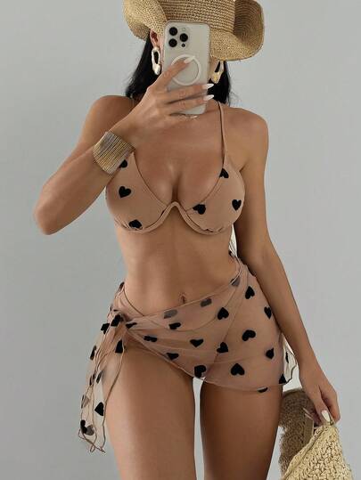 Ensemble soutien-gorge et Bikini à armatures imprimé cœur, 3 pièces, bas et jupe de cache-maillot, ensemble de Bikini, maillot de bain de plage d'été