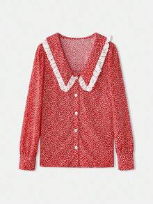 lacRébo Vintage Red Floral Print Blouse With Oversized Lace-Trim Collar And Long Sleeves Spring Women Spring Spring Summer New Year - Red - View 6