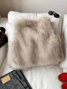 Tween Girl Solid Color Fuzzy Open Front Fashion Vest Jacket Fall Winter