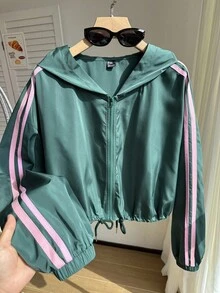 Comfortcana Áo khoác trùm đầu có mũ trùm đầu bằng vải sọc vá ruy băng cỡ lớn dành cho nữ, mùa thu - màu xanh lá - Xem 5