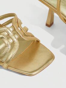 CUCCOO SZL Sandalias de tacón alto con diseño de hebilla y punta cuadrada minimalista para mujer, color dorado - Dorado - Ver 6