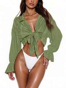 Swim Vcay 夏季海滩纯色系带荷叶边袖和服，无胸罩，绿色衬衫系带上衣 - 軍綠色 - 查看 1