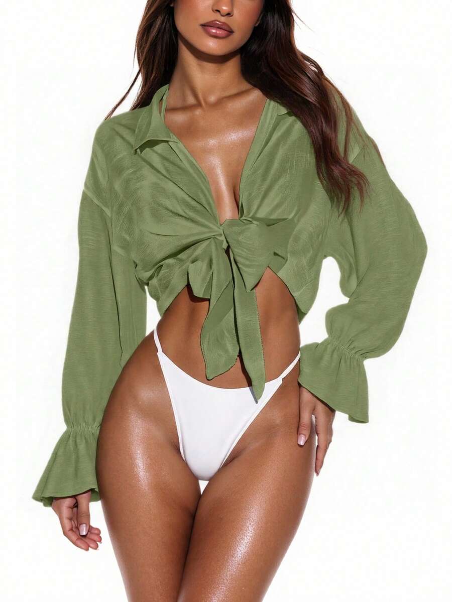 Swim Vcay 夏季海滩纯色系带荷叶边袖和服，无胸罩，绿色衬衫系带上衣 - 軍綠色 - 查看 1